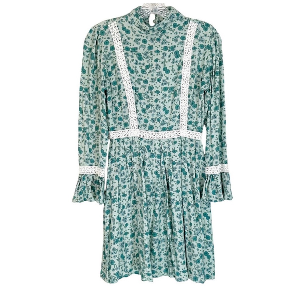 The Hippie Shake Women's 70’s Print Lace-Cotton Mini Dress In Green Size 8